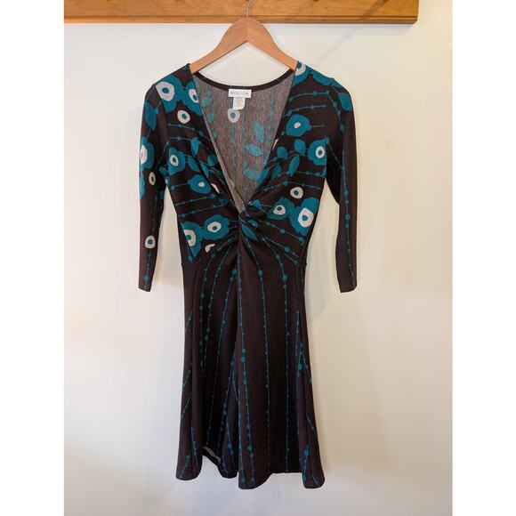 Kokoon Dresses & Skirts - Kokoon Brown Turquoise Floral Print Twist Front Dress 3/4 Sleeve Small